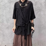Wiaofellas  -  Vintage Men Dark Style  Out Short Sleeve Shirt Vintage Lace Up Design Style Casual Tops Streetwear Retro Cleanfit Fashion Trend