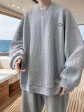 Wiaofellas  -  Autumn Men's Oversized Waffle Crewneck Sweatshirts Appliques Long Sleeve Pullover Hoodies Korean Fashion Y2K Streetwear Sudadera