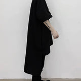 Wiaofellas  -  Mens Dark Plain Asymmetrical Mid Length T Shirt Streetwear Fashion Japanese Niche Youth Trendy Short Sleeve Top Men'S Clothing
