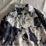 Wiaofellas  -  Men's Black White Floral Print Lapel Short Sleeve Shirt Casual Loose Vintage Blouse