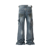 Wiaofellas  -  Streetwear Handmade Mud Dyed Dirty Blue Baggy Jeans for Men Distressed Hole Casual Patchwork Denim Trousers Oversized