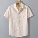 Wiaofellas  -  Men's High-Quality Linen Shirts Summer Solid Color Short Sleeve Casual Shirt Single Breasted Basic Pocket Top For Men