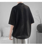 WIAOFELLAS  -  Korean Style Men's Shirts Lapel Hollow Out Knitting Single Breasted Tops Short Sleeved Pocket Loose Male Tops Trend