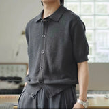 WIAOFELLAS  -  Men's Solid Color Knitted Short-Sleeved Shirt American Retro Fashion Trend Loose Casual Simple Breathable Niche New Men's Tops