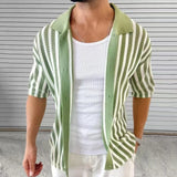 WIAOFELLAS  -  Summer Elegant Striped Men's Knitted Polo Shirts Short Sleeve Turn-down Collar Button Cardigan Top Men's Casual Knitted Shirt