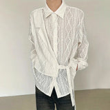 Wiaofellas  -  Classic Jacquard Texture Ribbon Design Patched Shirts LGBT Men Hollow Retro Loose Long Sleeve Shirt Men's New Trendy Tops Camisa