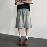 WIAOFELLAS  -  Washing Men's Denim Shorts Solid Color Hole Design Straight Jeans Woen-out Wide Leg Baggy Male Bottom Summer