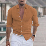 Wiaofellas  -  Men's Spring And Summer Cotton Linen Shirts New Men's Solid Color  Long Sleeve Shirt Loose Lapel Casual Beach Style Shirt