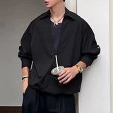 WIAOFELLAS  -  Men Shirt Solid Color Lapel Long Sleeve Button Casual Men Clothing Loose Korean Style Streetwear Fashion Male Shirts
