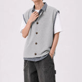 Wiaofellas  -  American Plaid Knitted Shirt Summer Short Sleeve Fake Two-Piece Design Korean Casual Top for Teenagers in Daily Wear