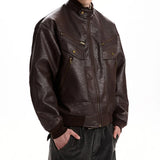 WIAOFELLAS  -  Vintage Texture PU Leather Jacket Men Spring Streetwear Fashion Mens Cropped Jacket Coat Stylish Stand Collar Leather Coats