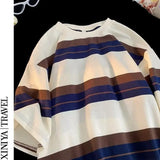 Wiaofellas  -  Japanese Striped Short-sleeved T-shirt Men's Summer Retro Loose Casual Five-point Half-sleeved Shirt