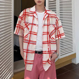 WIAOFELLAS  -  2025 Men Plaid Shirt Lapel Short Sleeve Oversize Casual Men Clothing Streetwear Pockets Korean Fashion Male Shirts S-5XL