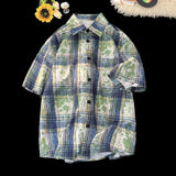 WIAOFELLAS  -  Plaid Ice Feel Tie Dye Short Sleeve Shirt Men Women Casual Loose Plus Size Shirt Thin Fabtic Pink Blue Green Clothes