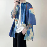 WIAOFELLAS  -  Summer New Turn-down Collar Fashion Short Sleeve Shirt Man High Street Loose Tie Dye Button Cardigan Y2K Youth All-match Tops