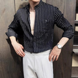 WIAOFELLAS  -  Spring Autumn Stretchable Men Shitrs Stand Collar Single-breasted Long Sleeve Men's Striped Shirt Fashion Handsome Streetwear