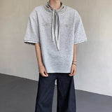 WIAOFELLAS  -  Fashion Men's Letter embroidery Tie Shoulder Pads Design T-shirts Trendy Casual Short Sleeves Tops Male 2025 Summer