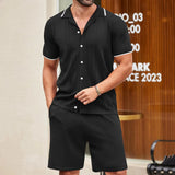 Wiaofellas  -  Summer Knitted Two Piece Set Men's Clothing Turn-down Collar Short Sleeve Polos Shirt And Shorts Suits Streetwear Knit Outfits