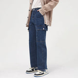 Wiaofellas  -  Mid-waist Retro Workwear Jeans Men's Loose Pockets Patchwork Straight Denim Long Pants  Spring New Trousers 2D1227