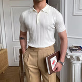 WIAOFELLAS  -  Casual Men's Slim Elastic Knitted Polo Shirt 2024 Spring Summer Short Sleeve Lapel Button Knit Tops Men Clothes Fashion Pullover