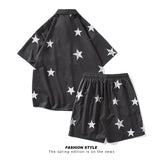Wiaofellas  -  Summer Two-piece Men's Sets Shirt and Shorts Star Print Thin Silky Leisure Suit Clothes Oversize Outfits Male Black White