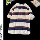 Wiaofellas  -  Japanese Striped Short-sleeved T-shirt Men's Summer Retro Loose Casual Five-point Half-sleeved Shirt