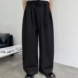 Wiaofellas -  Summer Mens Western Trousers Retro Simplicity Loose Wide Leg Suit Pants Bring A Belt Fashion Solid Casual Straight Pantalones