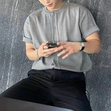 WIAOFELLAS  -  Men's Solid Color Knitted Cardigan Short-Sleeved Shirt American Retro Fashion Trend Street Loose Breathable Niche Men's Tops