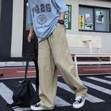 WIAOFELLAS  -  Men's Clothing Spring Autumn Wide Leg Solid Color Elastic Pockets High Waisted Trousers Cargo Preppy Style Korean Fashion Pants
