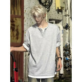 WIAOFELLAS  -  Men's Spring Autumn Fake Two-Piece Henley Waffle Long Sleeve T-Shirt