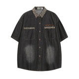 WIAOFELLAS  -  Loose Bf American College Style Short Sleeve Leopard Print Splicing Denim Shirt Summer New Arrival for Men And Women