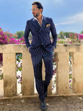 Wiaofellas  -  Navy Blue Men Suit 2 Pieces Business Blazer Pants Double Breasted Stripes Wedding Groom Formal Work Wear Party Causal Tailored