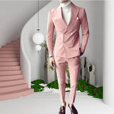 WIAOFELLAS Pink Fashion Sunshine Men Suits Double Breasted 2 Pieces (Jacket+Pants) Peaked Collar Slim Fit Set for Wedding Party Tuxedos