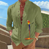 WIAOFELLAS  -  Men's Retro Style Long-Sleeved Shirt Stand-Up Collar Button up Parrot 3D Print Spring Autumn Fashionable Casual Shirt