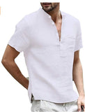 Wiaofellas  -  New Men's Casual Stand Up Collar Summer Solid Color Short Sleeve Linen Shirt Trendy Breathable Loose Youth Basic Pocket Top