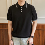 Wiaofellas  -  British Style Knitted Polo Shirt for Men Striped Lapel Casual Business T-shirt Elastic Comfortable Social Office Street POLO Top
