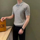 Wiaofellas  -  American Style Knitted Short Sleeve Polo Shirt Men's Slim Fit Casual Versatile Elastic T-Shirt Casual Wear Polyester Fiber