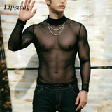 Wiaofellas  -  Streetwear Vintage Transparent Mesh High Neck Pullover Mens Autumn Warm Long Sleeve Slim T-Shirt Male Daily Outdoor Tops