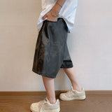 WIAOFELLAS  -  Mens Clothing Y2k Hip-Hop Shorts Summer Fashion Retro Versatile Faded Old Solid Color Pu Leather Reverse Wear Five-Point Shorts
