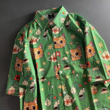 Wiaofellas  -  New Summer Graffiti Cartoon Cat INS Retro Short Sleeve Floral Shirt Hawaiian Beach Coast Outerwear Breathable Polyester Casual