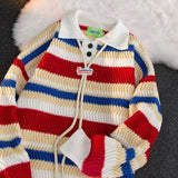 Wiaofellas  -  Casual Loose Knitted Rainbow Stripes Collar Sweater Spring Autumn Couple Style Comfortable Lazy Man's Pullover Fashionable