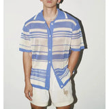 WIAOFELLAS  -  Summer New Fashion Casual Breathable Hollow Out Knitted Polo Shirts Men Striped Crochet Knitting Tops Vintage Mens Clothes