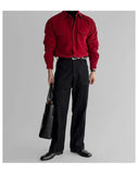 WIAOFELLAS  -  Burgundy thin corduroy shirt men's flip double patch pocket high-end mature long-sleeved red shirt men Autumn clothes