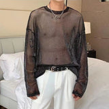 WIAOFELLAS  -  Tops Mens Sexy Transparent Glitter Mesh T Shirts Fashion Long Sleeve O Neck See Through Basic Tops Men Streetwear Tees