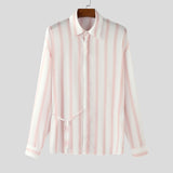 WIAOFELLAS  -  Men Striped Shirts Lapel Long Sleeve Lace Up Loose Autumn Men Clothing Streetwear Fashion Casual Male Shirts S-5XL