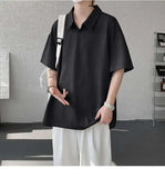 WIAOFELLAS  -  Trendy Summer Men‘s Solid Color Ice Silk Casual T-shirts New Fashion Turn Down Collar Short Sleeve Loose Tops Male