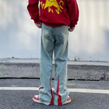 Wiaofellas  -  2000S Clothes Y2K Fashion Washed Blue Drawstring Baggy Jeans Pants Men Clothes Straight Hip Hop Patchwork Male Denim Trousers