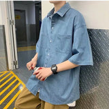 Wiaofellas  -  Summer Lightweight Men's Denim Shirt Short Sleeve Casual Loose Vintage Coat