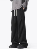 WIAOFELLAS  -  New Men's Pleated Straight Wide-leg Sweatpants Hip Hop Solid Color Baggy Pants Korean Fashion Y2K Streetwear Gray Trousers