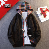 WIAOFELLAS  -  Korean Casual Checkered Hooded Sweater Holiday Style Fake Two-piece Jacket for Men New Autumn and Winter Cardigan for Teenagers